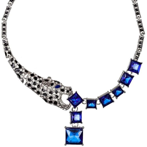 EYE CANDY LEOPARD SAPPHIRE BLUE CRYSTAL STATEMENT NECKLACE**NEW! - Picture 2 of 3
